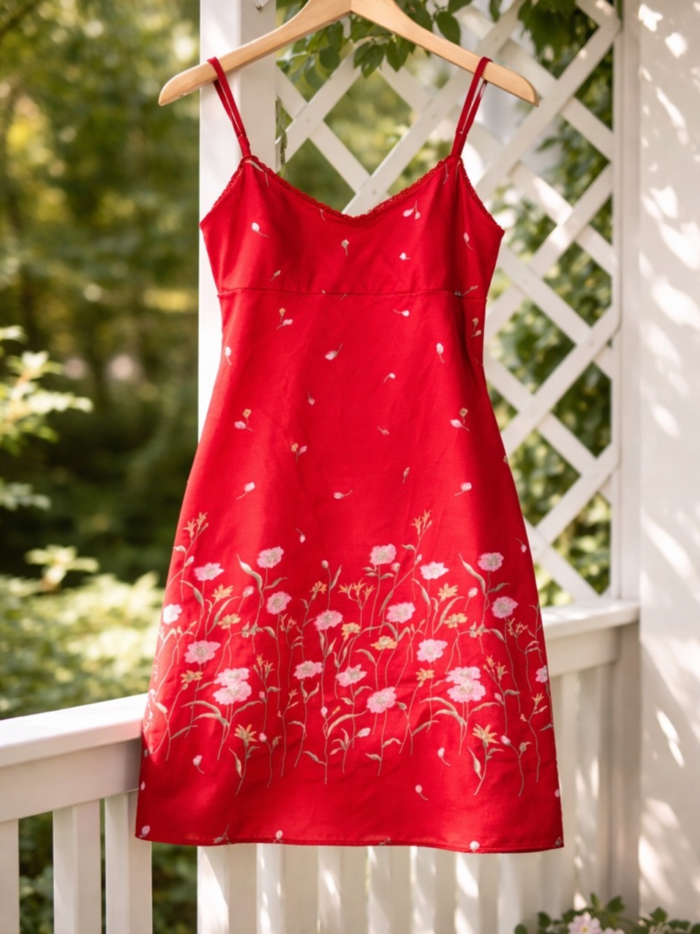 BCBG red floral slip dress Y2K Nordstrom exclusive lace trim bias cut